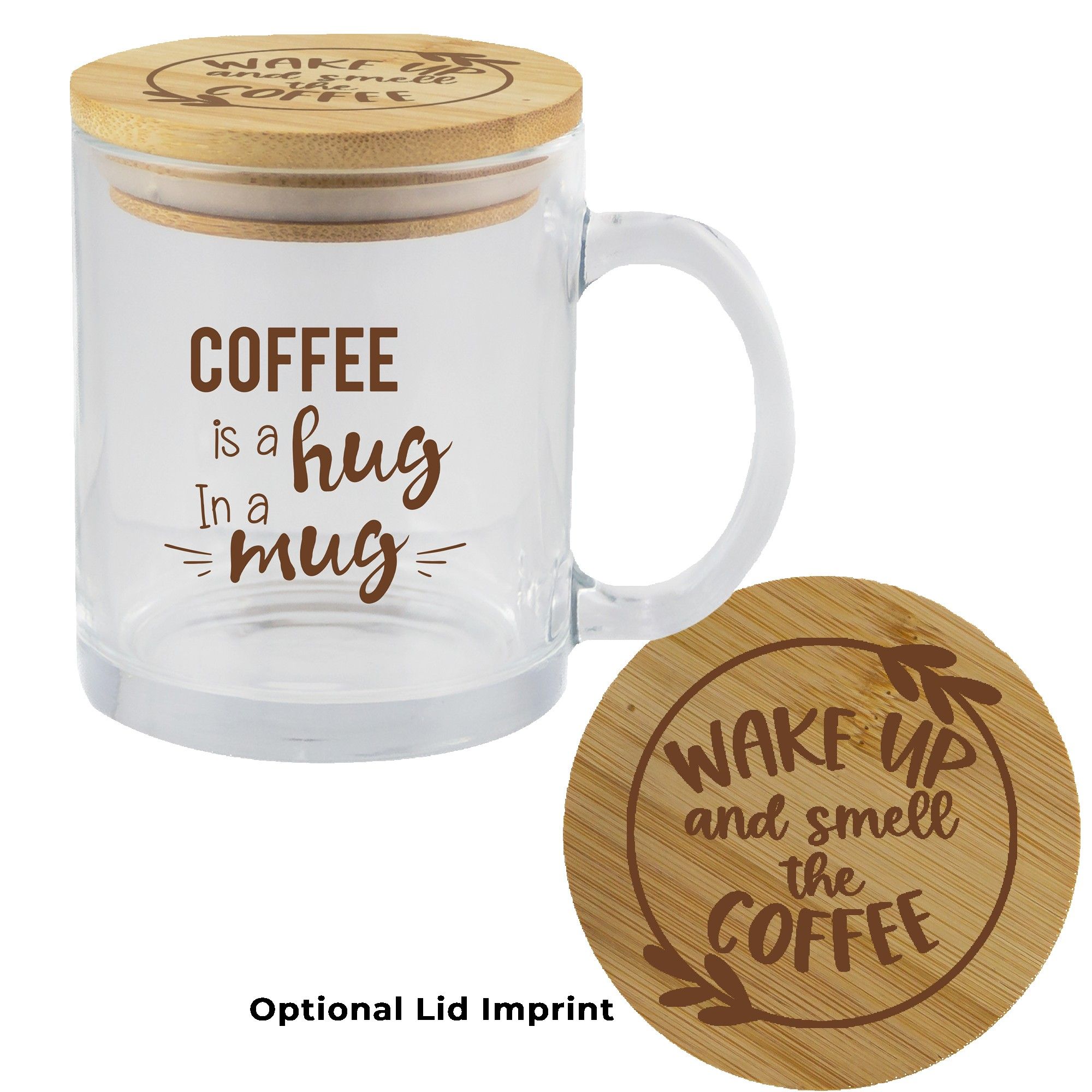 The Cozy 11 oz. Clear Glass Coffee Mug With Bamboo Lid - Screenprinted -  3.563" H
